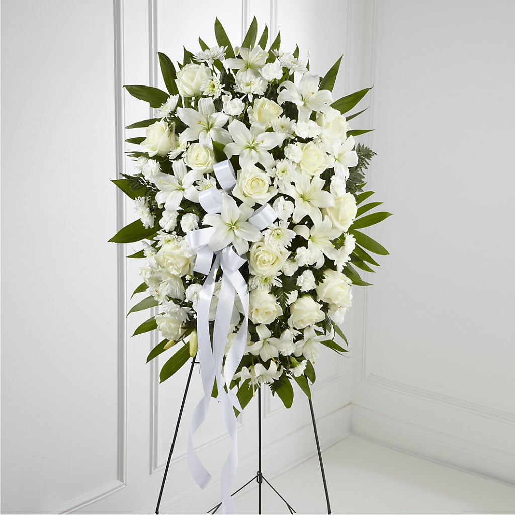 Exquisite Tribute Standing Spray-White Ribbon – Flowers By Henry Llc, Louisburg NC
